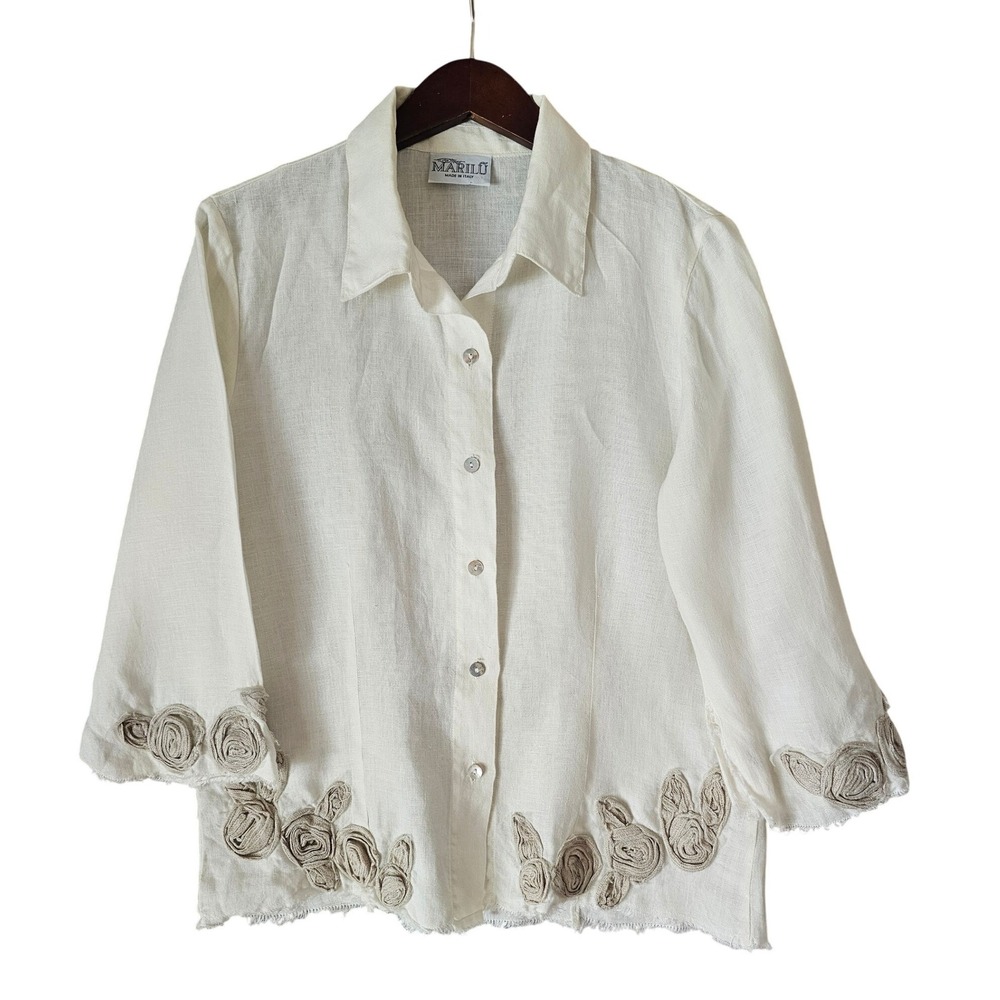 Marilu Italy White 100% Linen Button Down Shirt Rosette Trim 3/4 Sleeve Top L/XL